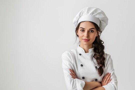 A skilled woman in a white chef uniform stands proudly with her arms crossed, exuding confidence and professionalism in the kitchen.