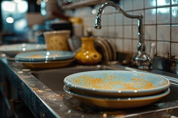 Obraz premium Dirty dishes piled in a restaurant cafe sink awaiting cleaning during a busy service time