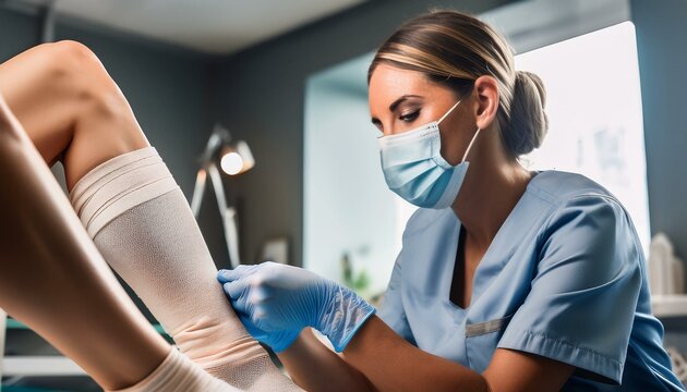Nurse with facemark putting a bandage on a patients leg.
Nurse doing wound care.