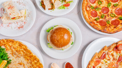 Food assortment - pizza, burger, durum, lahmacun