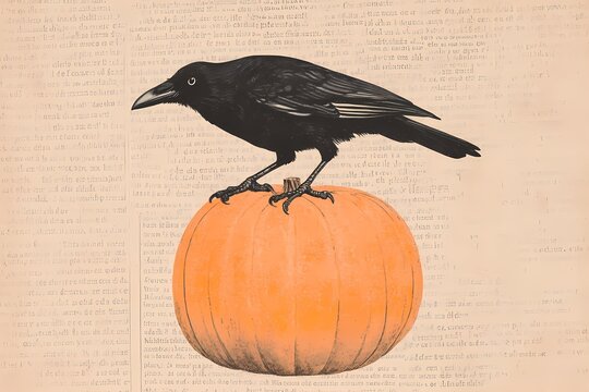 Crow or raven sitting on pumpkin drawing on old book page. Vintage gothic Halloween concept. Autumn illustration for design print, poster, banner. Decorative element for scrapbooking 