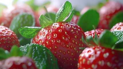 Close-up of fresh strawberries with mint leaves, showcasing vibrant colors and textures.