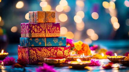 Diwali gift box with diya and flowers