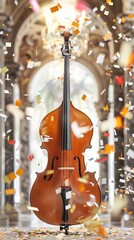 Naklejka premium A large, ornate, and shiny brown cello is surrounded by a cloud of confetti