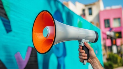Loud Voices of Change: A Bright Megaphone Ready to Amplify Messages in a Vibrant Urban Landscape Surrounded by Inspiring Murals and Colors