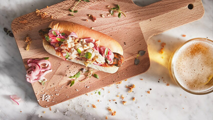 Top view closeup of a sandwich on a wooden cutting board.