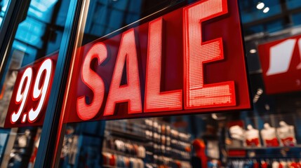 Obraz premium Bright SALE sign in shop window attracts customers with appealing pricing and creates an inviting shopping atmosphere