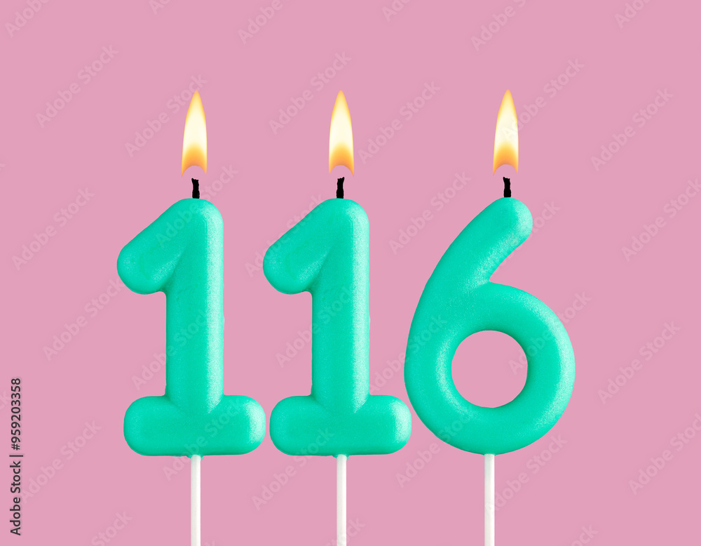 Wall mural Birthday card with green number 116 candle - Pastel pink background