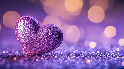 Fototapeta premium A purple glitter heart sits on a bed of sparkling purple glitter with bokeh in the background.