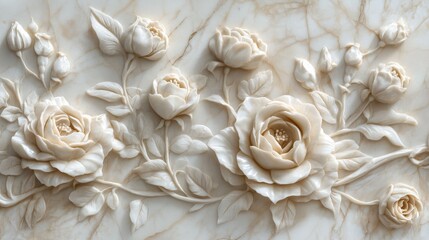 An exquisite and stunning basrelief carving of delicate roses, showcasing intricate details and a vintage aesthetic that is perfect for traditional decor as well as serving as artistic inspiration