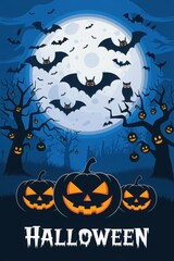Happy halloween banner or party invitation background with violet fog clouds and pumpkins
