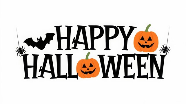 happy halloween lettering calligraphy logo with pumpkin, bat and spider web
