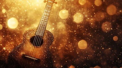 Fototapeta premium A guitar is sitting on a stage with a lot of sparkles around it