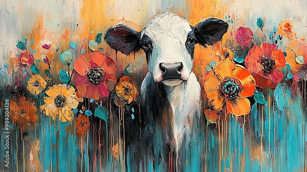 Wall mural a monochromatic portrait of a black-and-white cow amidst an array of vibrant orange, yellow, and blu