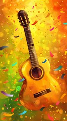 Fototapeta premium A guitar is shown in a colorful background with confetti falling around it