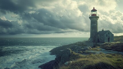 Naklejka premium A Majestic Lighthouse Guiding Through the Stormy Seas Beneath a Dramatic, Cloudy Sky, Capturing Nature's Power and Serenity in Harmony.