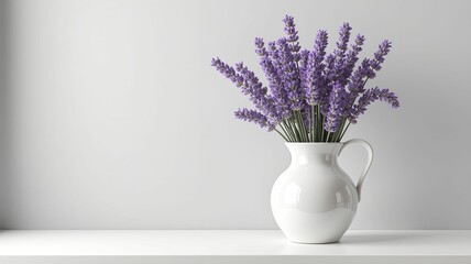 Vase with lavender flowers on minimalist shelf, empty space for text