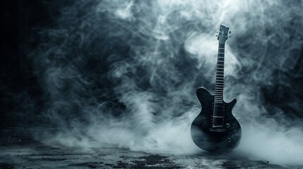 A guitar is sitting in a cloud of smoke