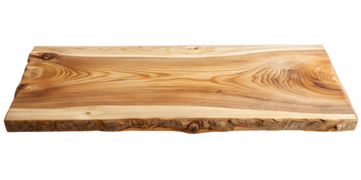 Live edge wooden slab featuring natural grain and organic textures, highlighting the wood's rustic beauty. Ideal for furniture making, countertops, and decor. Isolated on transparent background, png.