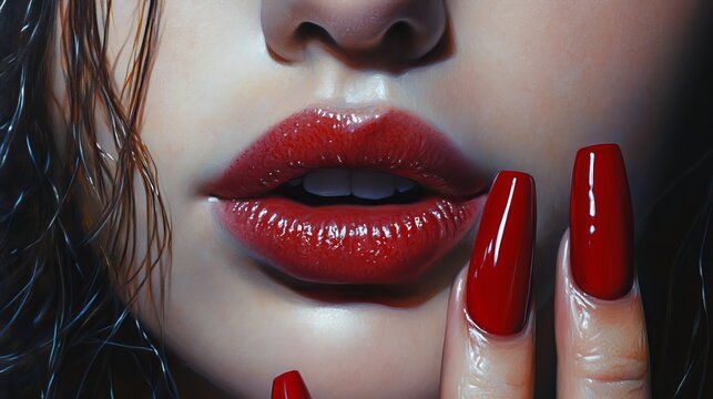 A captivating portrait captures a woman's enigmatic gaze. Her lips, painted a vibrant crimson, echo the scarlet stiletto nails that adorn her fingertips, creating a striking visual harmony. 