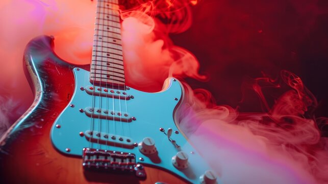 A guitar is covered in smoke and is sitting on a red background