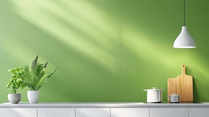 Serene Modern Kitchen with Light Green Backsplash and Sleek Appliances, Soft Muted Tones, Copy Space for Text