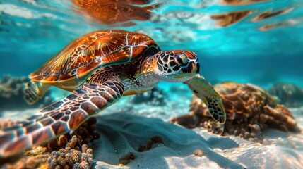 Fototapeta premium Sea turtle swimming in clear water, serene and natural, Marine, Cool tones, Photograph, Ocean life