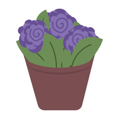 Potted purple flowers in brown pot flat cartoon style Vector