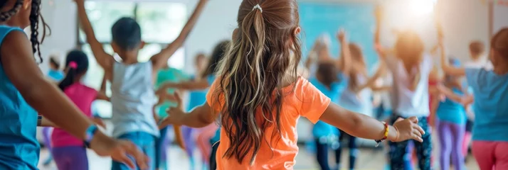 A group of children are dancing and playing in a gym
