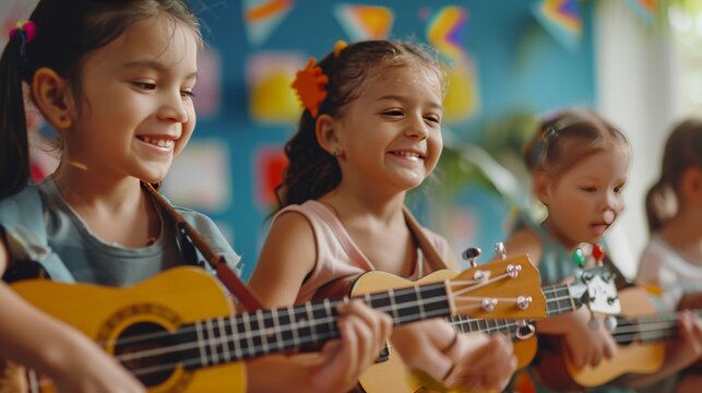Three young girls are playing the ukulele in a classroom