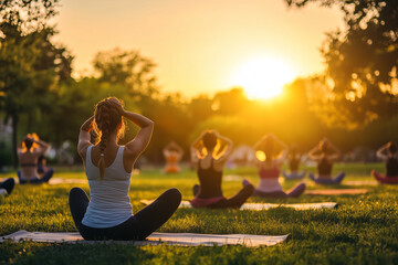 Practitioners doing yoga in a park during a vibrant sunset