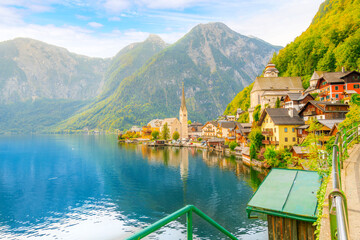 View from the lakefront promenade of the picturesque townscape of the Tyrolian village of...