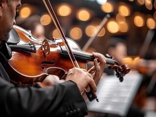 Fototapeta premium Symphony orchestra performing, dynamic and musical, Urban, Soft hues, Photograph, Live music