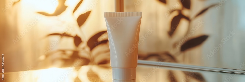 Aufkleber a tube of cream is centered on a reflective surface, capturing soft light that shines through the su
