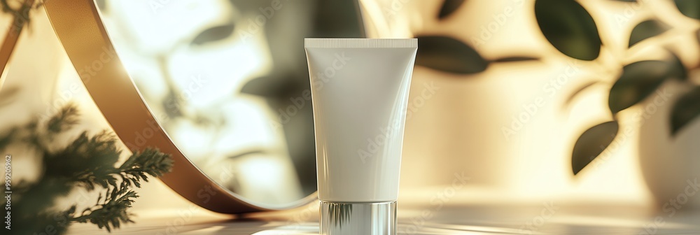 Aufkleber a tube of cream is displayed on a surface, its smooth reflection captured in the mirror, framed by p