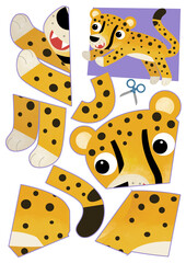 cartoon scene with character puzzle cutout educational exercise manual work with scissors cat animal cheetah illustration for children