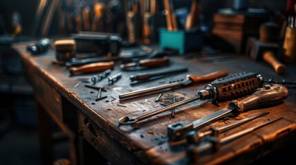 Fototapeta premium Workshop with tools and projects, industrious and creative, Artisan, Earth tones, Photograph, Craftsmanship