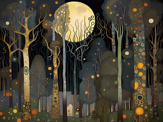 magical art nouveau abstract nighttime enchanted forest with golden jeweled trees stars and flowers with a glowing full moon