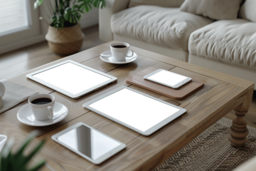 Tablet and smartphone mockup on coffee table