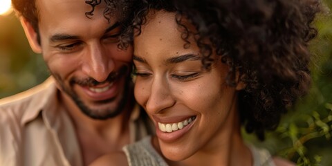 Obraz premium Joyful couple enjoying a romantic moment outdoors, gazing into each others eyes with smiles, showcasing their strong bond, appreciation, and connection