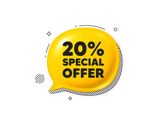 20 percent discount offer tag. Comic speech bubble 3d icon. Sale price promo sign. Special offer symbol. Discount chat offer. Speech bubble comic banner. Discount balloon. Vector