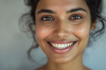 Radiant woman with a joyful expression, showcasing natural beauty and healthy skin using clean cosmetics in a studio setting. Smiling young model emphasizing wellness and skincare