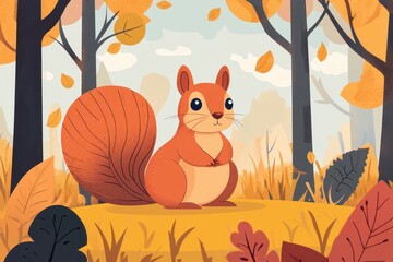 Cute autumn squirrel in a colorful forest scene