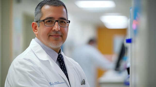 A confident oncologist analyzing clinical trials while showcasing professionalism and dedication in a modern healthcare environment.