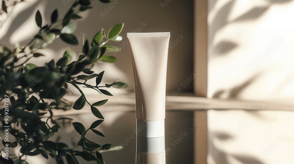 Aufkleber the cream tube stands upright, reflecting softly in a mirror, surrounded by lush greenery and warm s