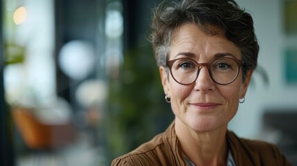 Happy businesswoman with glasses prepared for work, embracing challenges and goals; a confident leader focused on success and vision