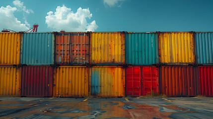 Fototapeta premium Colorful Shipping Containers with Reflection on Wet Pavement Photo