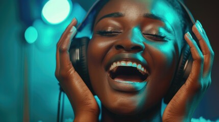 Woman surprised while wearing headphones in a cafe during a study break, enjoying music or a podcast