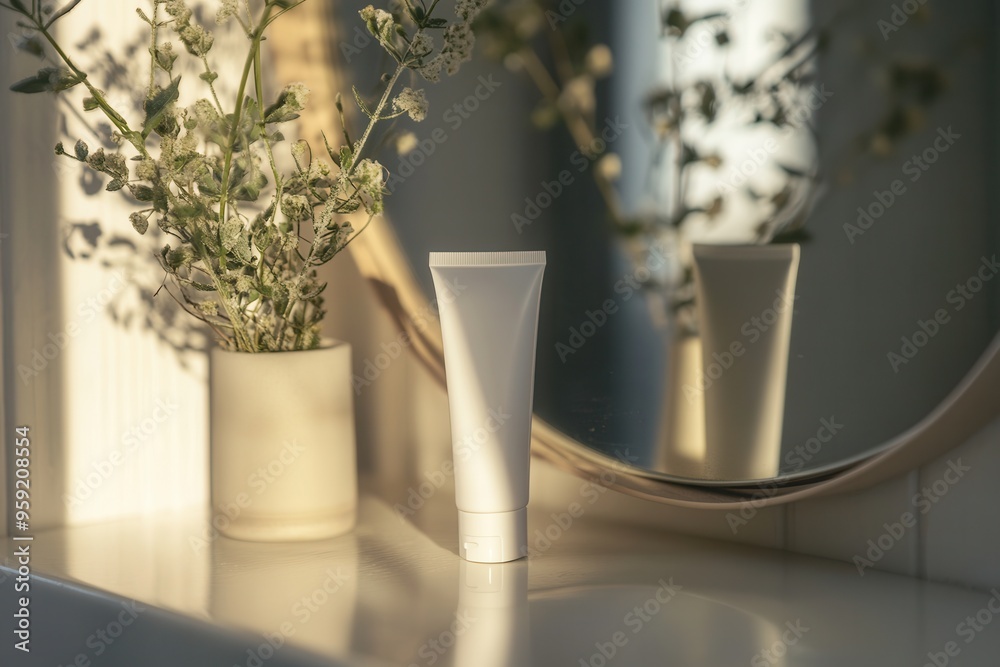 Aufkleber a tube of cream stands on a bathroom counter, illuminated by gentle sunlight with its reflection vis