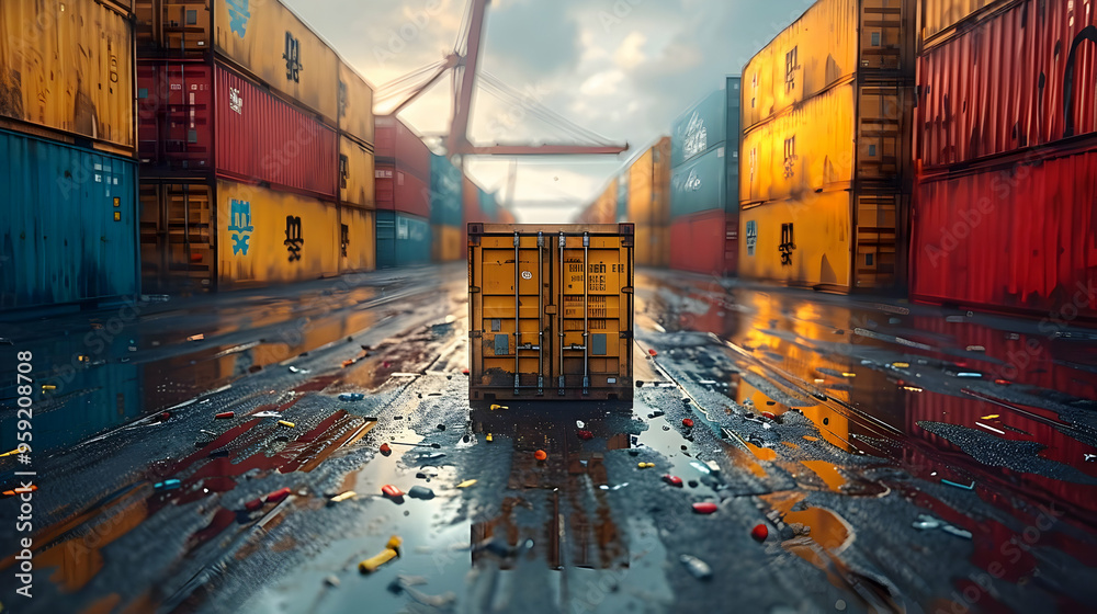 Wall mural Single Cargo Container in a Wet Industrial Setting - 3D Illustration